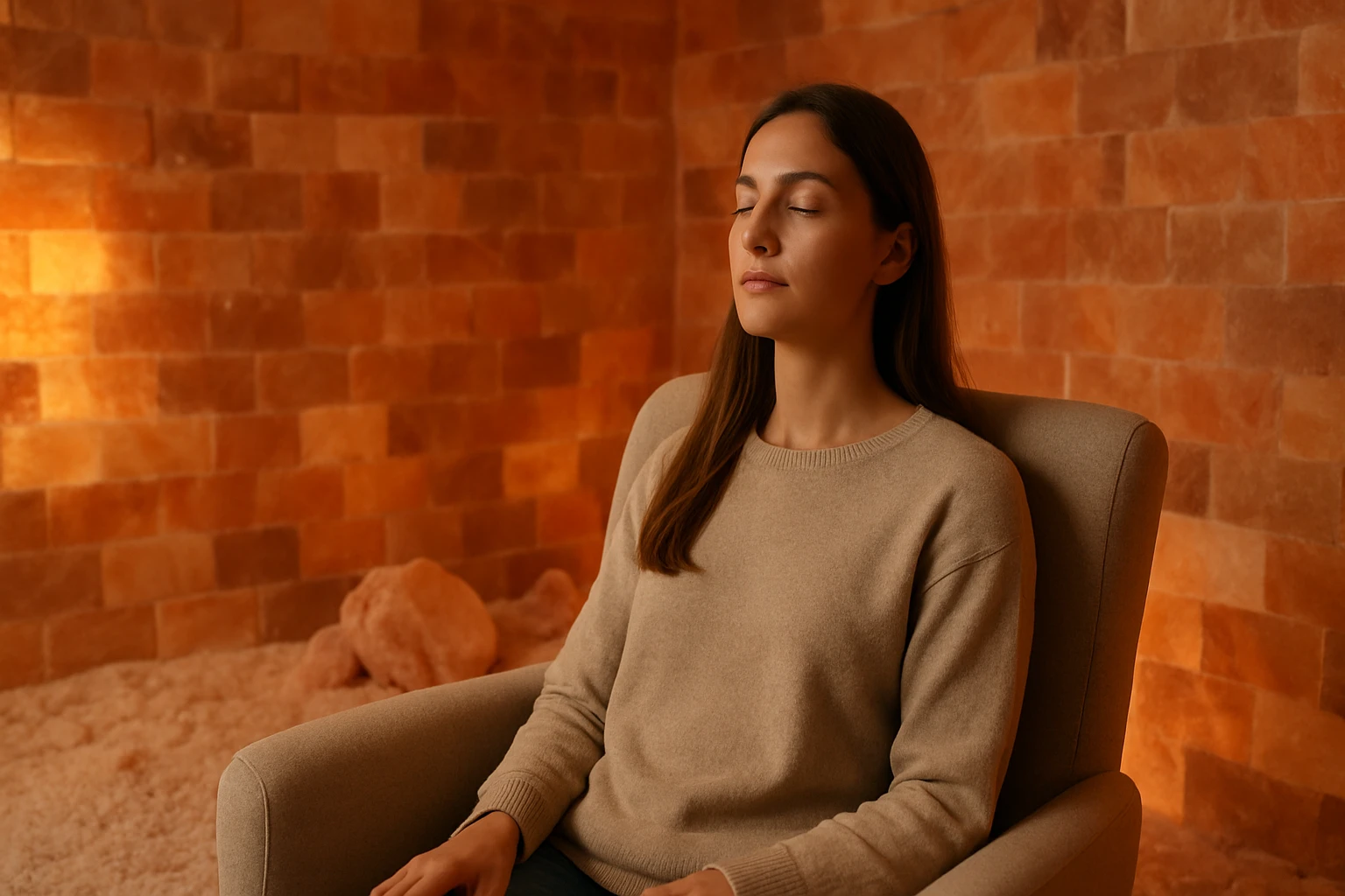 Žena s uzavretými očami relaxuje v soľnej jaskyni s teplým osvetlením.