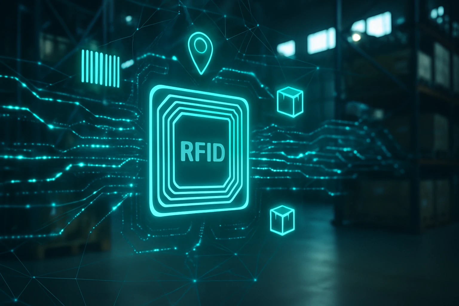 Digitálny zobrazenie RFID technológie s ikonami a čiarovými kódmi.