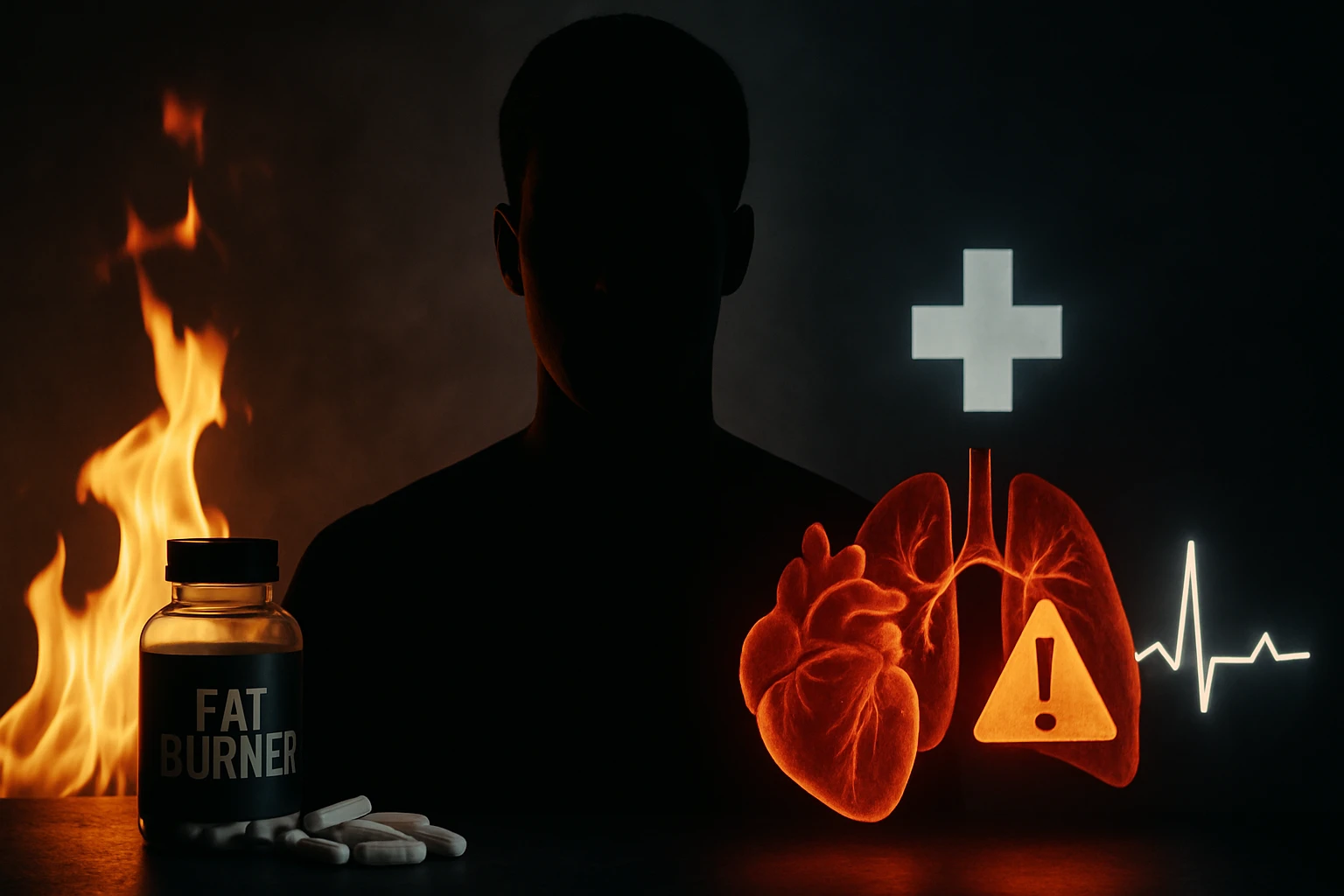 Na obrázku je fľaša s doplnkom na spaľovanie tukov a silueta človeka v pozadí.