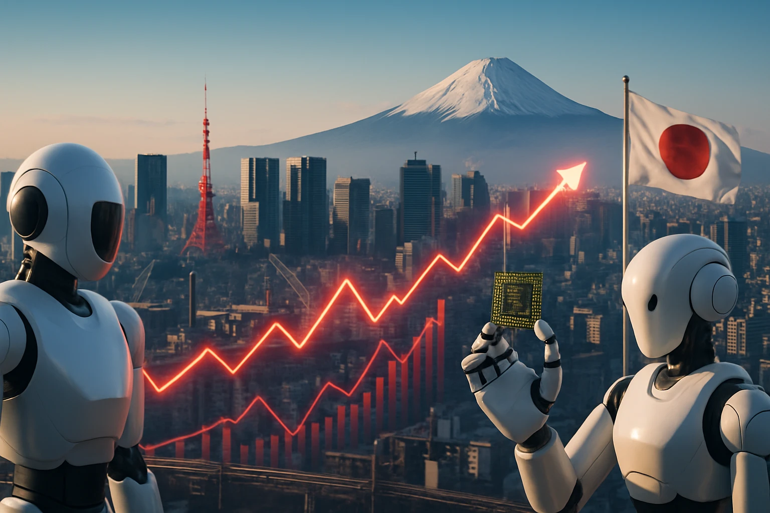 Dva roboti s čipom a grafom rastu v pozadí japonskej krajiny.