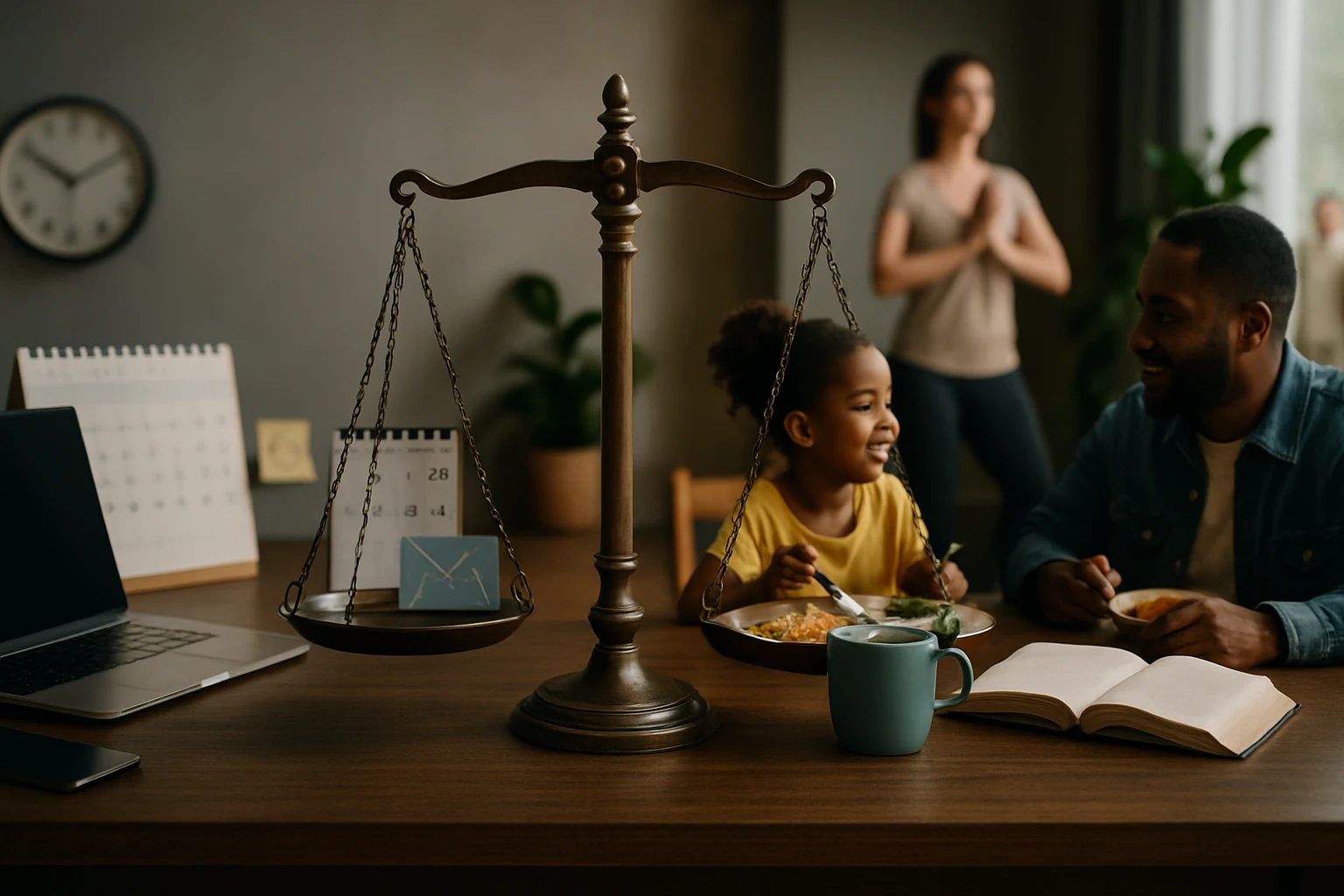 Rodina sedí pri stole, dieťa sa smeje, na stole váhy a jedlo.