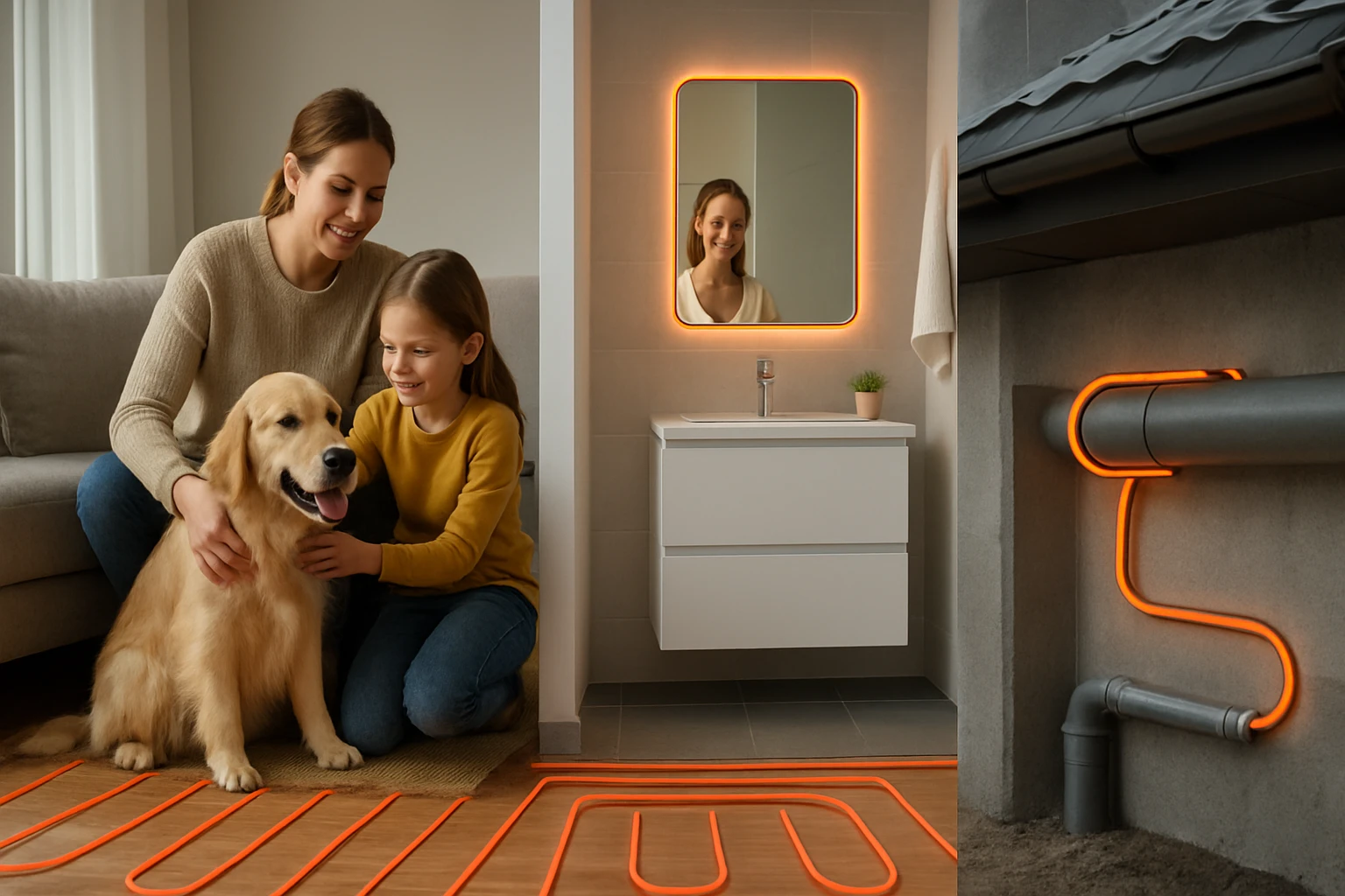 Matka a dcéra sa hrajú so zlatým retrieverom v moderne zariadenej miestnosti.