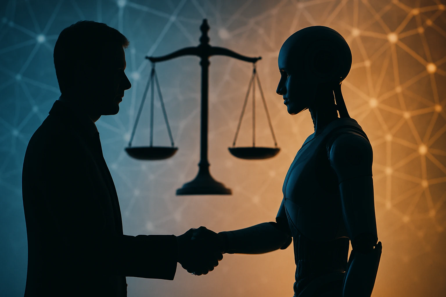 Silueta muža a robota, ktorí si podávajú ruky pred váhami spravodlivosti.