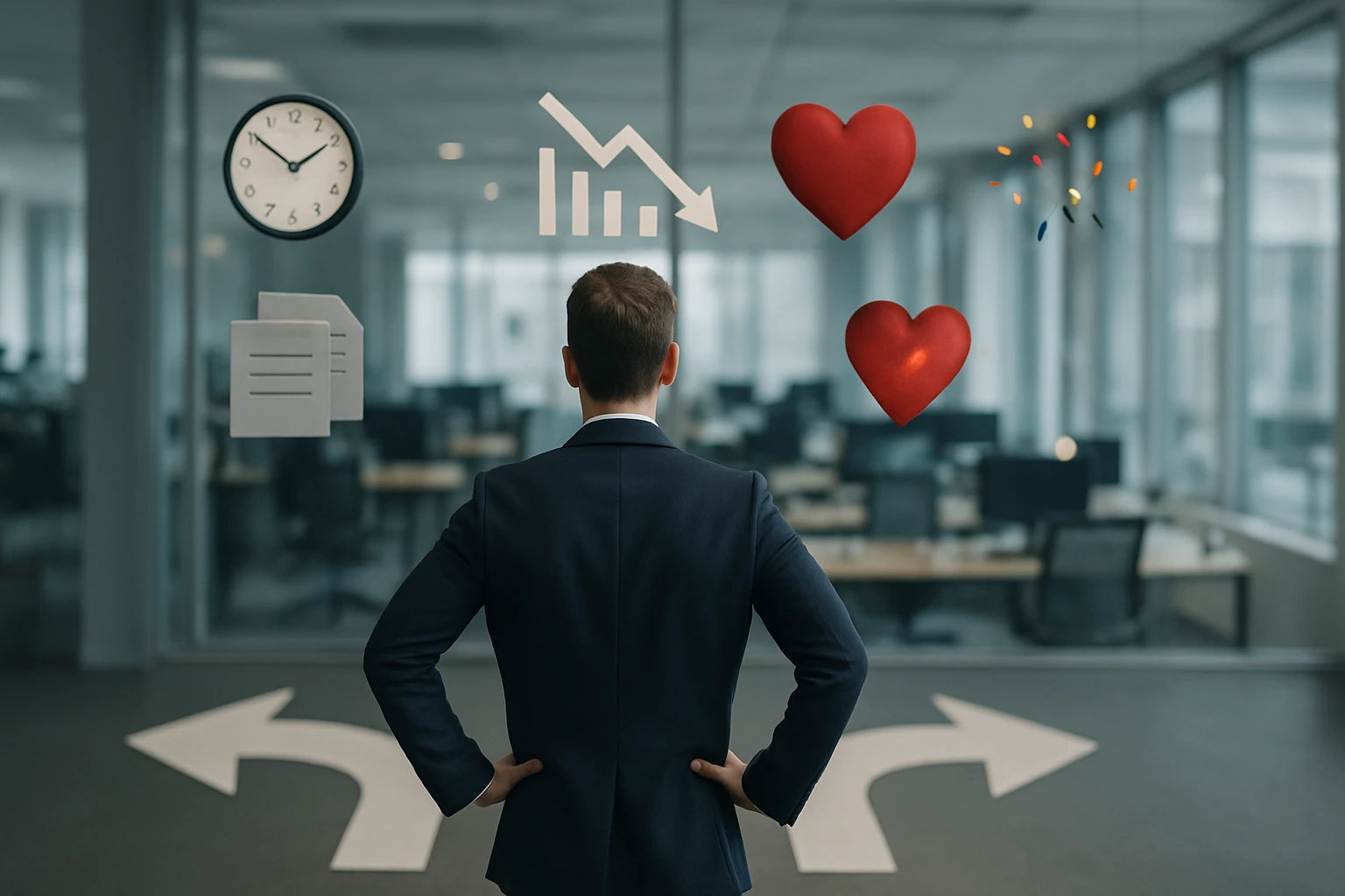 Muž v obleku stojí pred rozhodovacou situáciou s grafmi a srdcami.