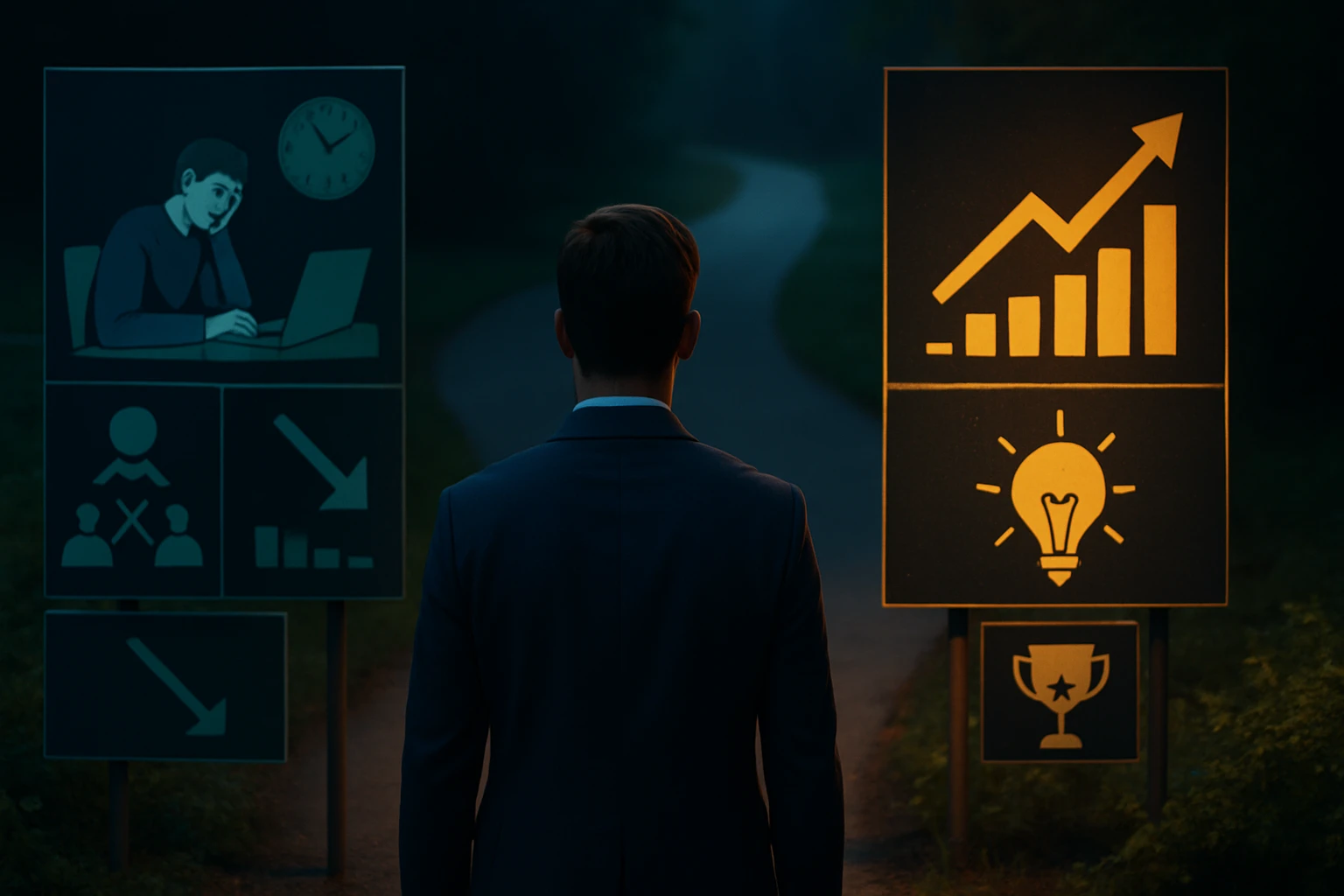 Muž v obleku stojí pred dvoma smerovými tabuľami, jedna ukazuje na úspech, druhá na frustráciu.