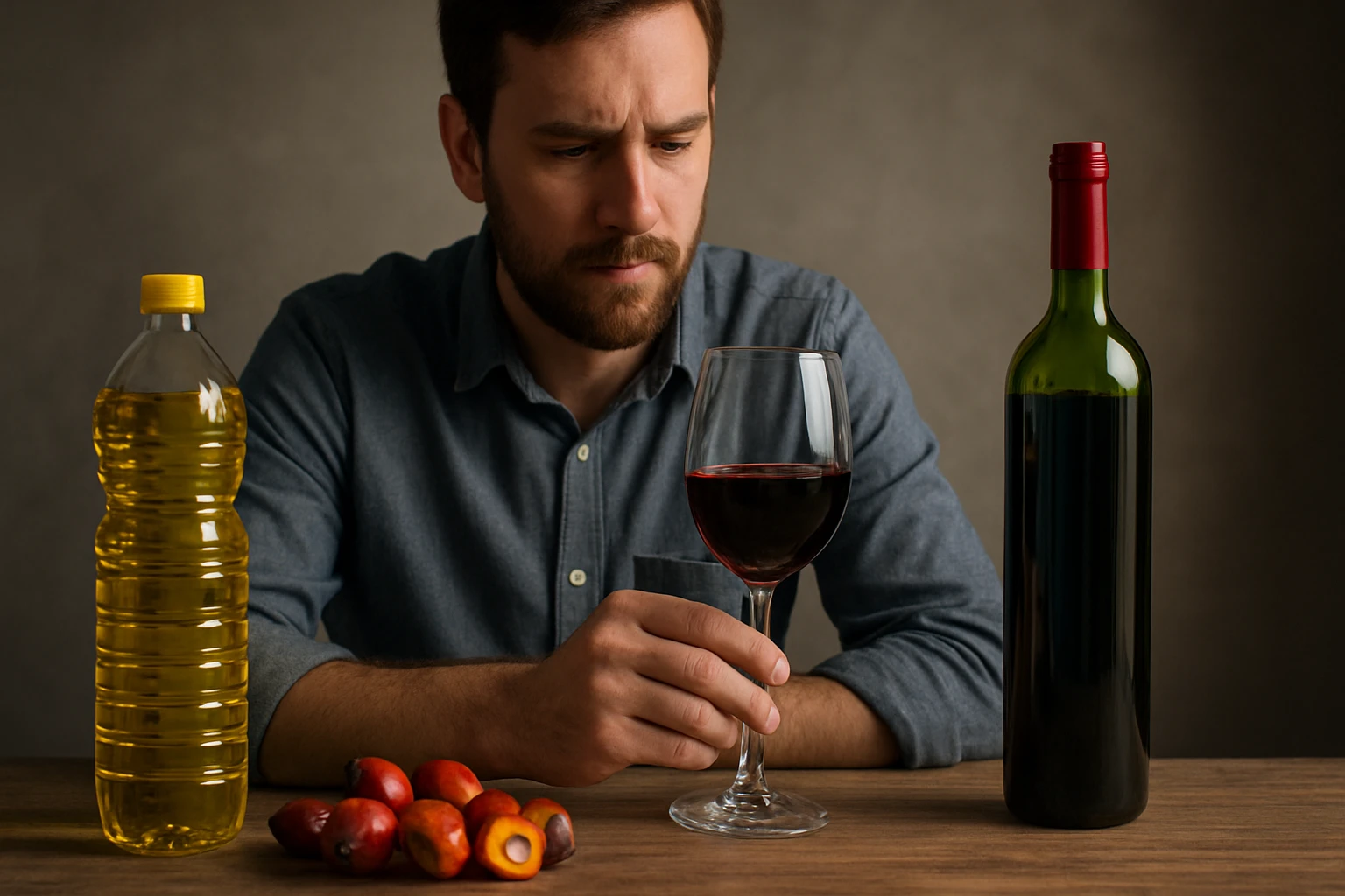 Muž sedí pri stole, drží pohár červeného vína, vedľa neho fľaša oleja a ovocie.