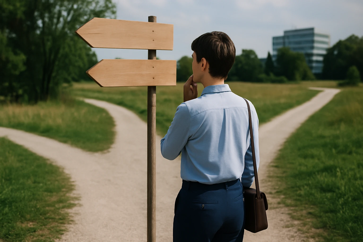 Mladý muž stojí pred smerovníkom, ktorý ukazuje na dve cesty v prírode.