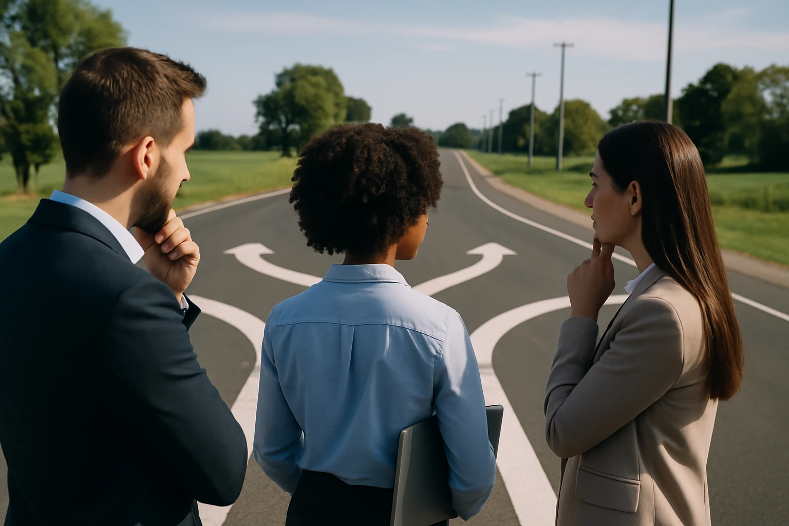 Traja profesionáli stoja na križovatke, zvažujúc rôzne cesty pred sebou.