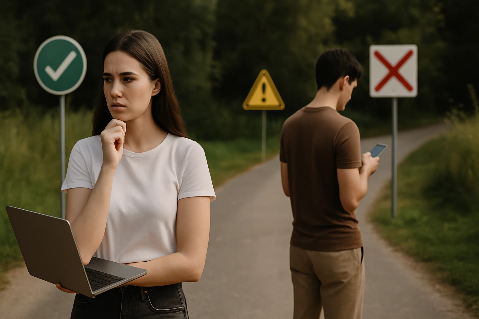 Mladá žena s laptopom premýšľa, zatiaľ čo muž s mobilom stojí na ceste.