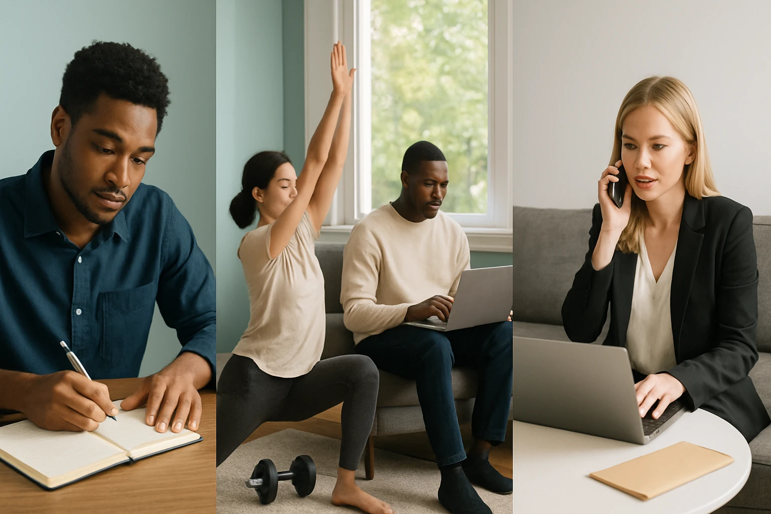 Tri osoby v rôznych aktivitách: muž píše, žena cvičí a ďalší muž pracuje na laptopu.