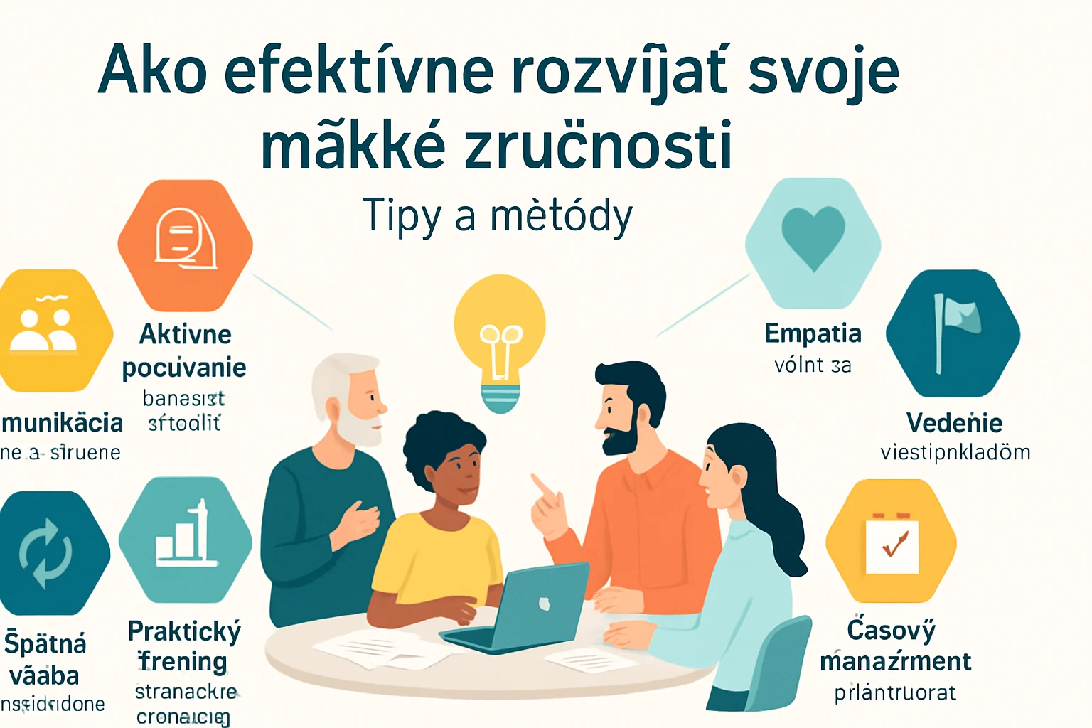 Skupina ľudí diskutuje o rozvoji mäkkých zručností pri stole s laptopom.