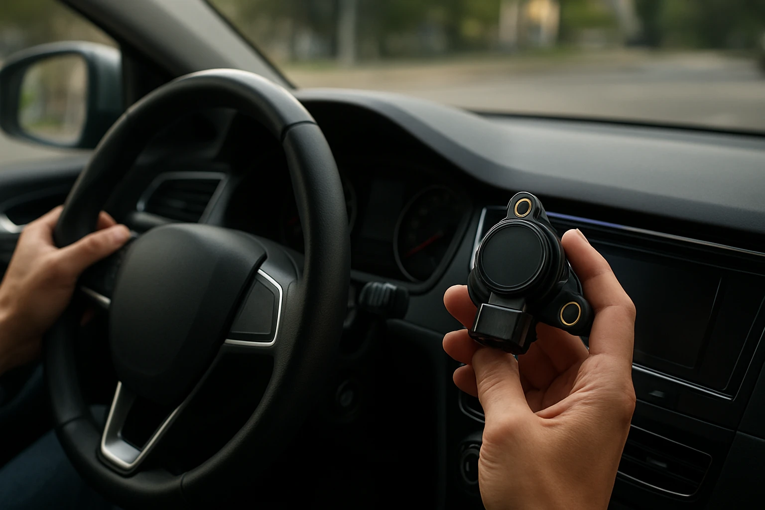 Ruka drží senzor v aute, koleso je viditeľné v pozadí.