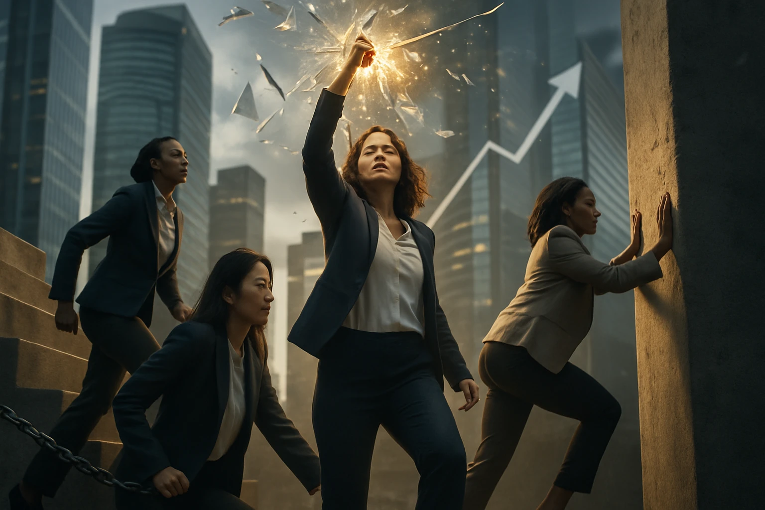 Štyri ženy v oblekoch prekonávajú prekážky v mestskom prostredí, jedna z nich rozbíja sklo.