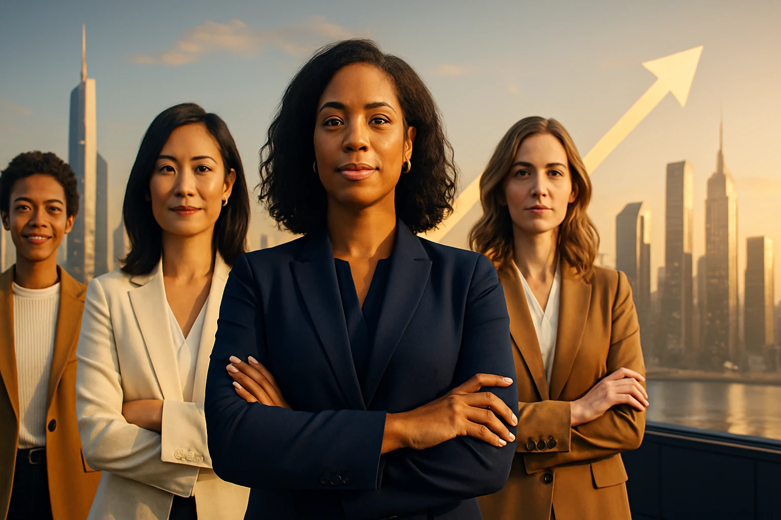 Štyri ženy v oblekoch stoja na streche s mestským panorámou v pozadí.