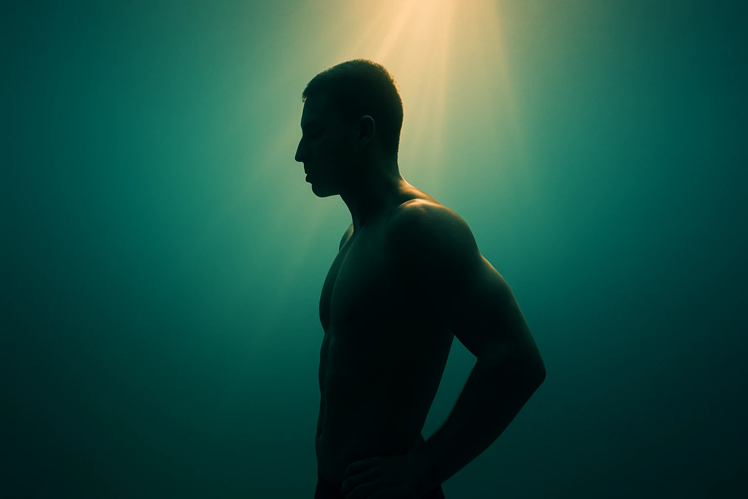 Silueta muža s vyrysovanými svalmi v modrom osvetlení.