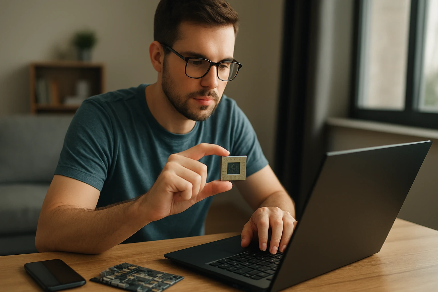 Muž sedí pri stole a skúma procesor, zatiaľ čo pracuje na laptopu.