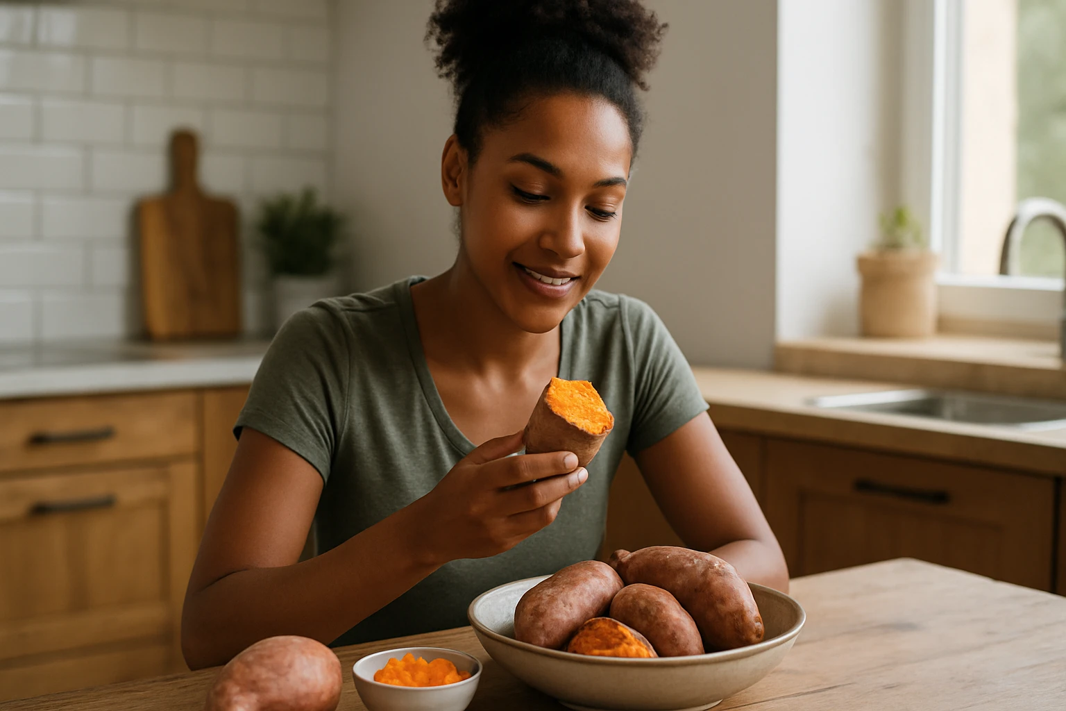 Žena sa usmieva, drží pečený sladký zemiak a pozoruje ho.