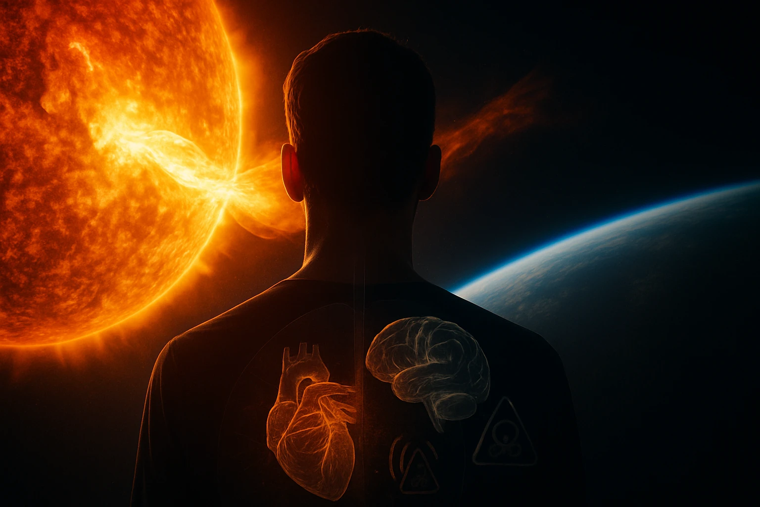 Muž stojí proti slnku, na jeho chrbte sú zobrazené srdce a mozog.