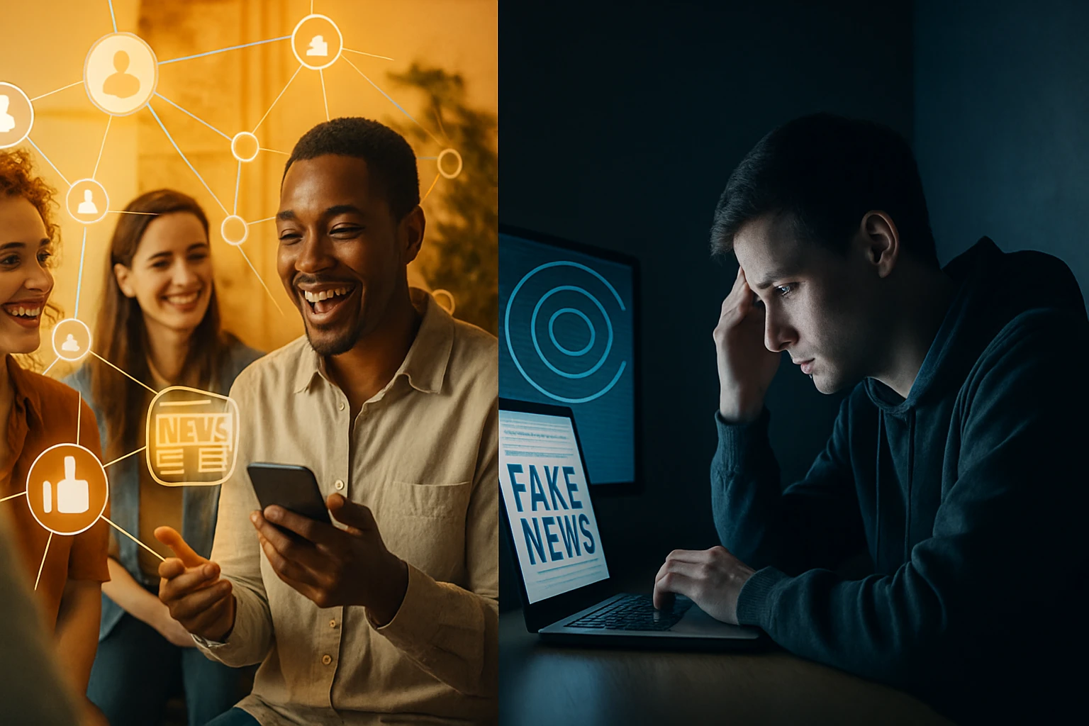 Skupina mladých ľudí sa smeje a diskutuje o správach na sociálnych médiách.