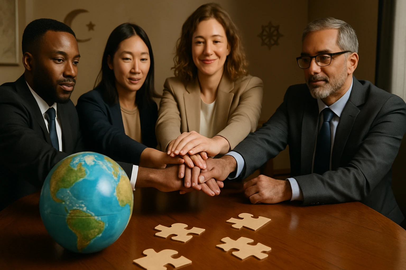 Štyria profesionáli sa spájajú nad globusom a puzzle, symbolizujúc spoluprácu.