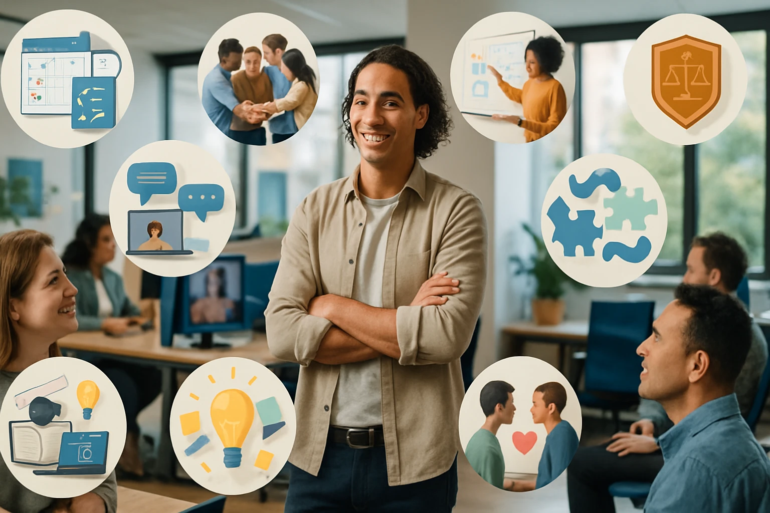 Muž s úsmevom stojí v kancelárii, obklopený symbolmi spolupráce a učenia.