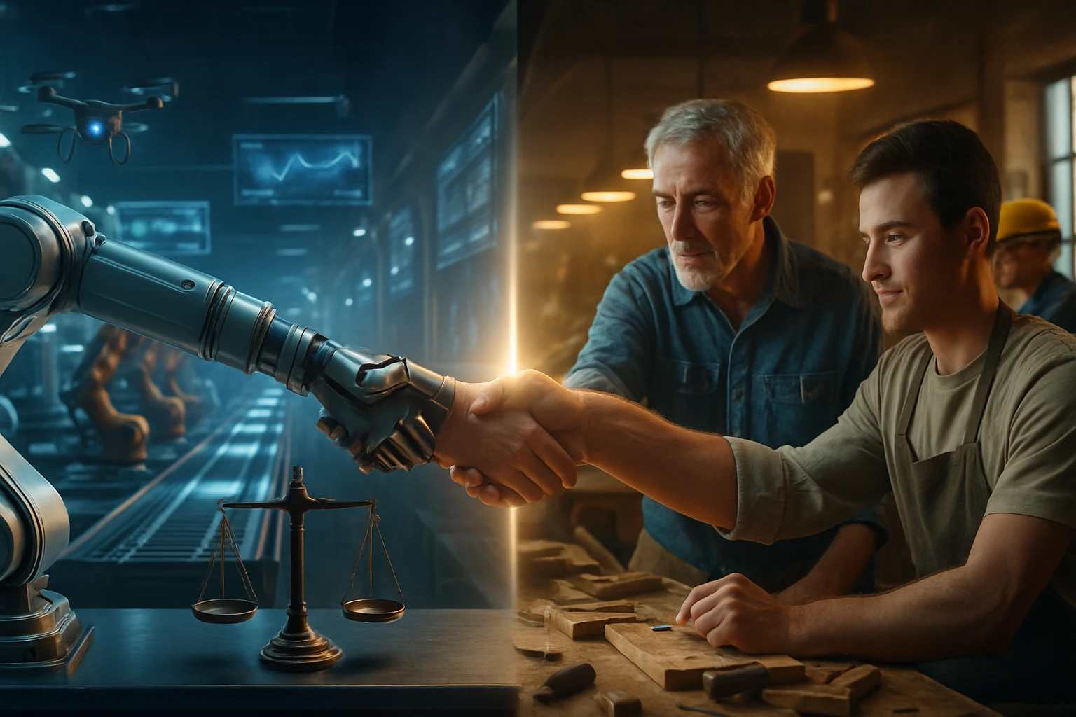 Robotická ruka podáva ruku mužovi a mladému mužovi v dielni.