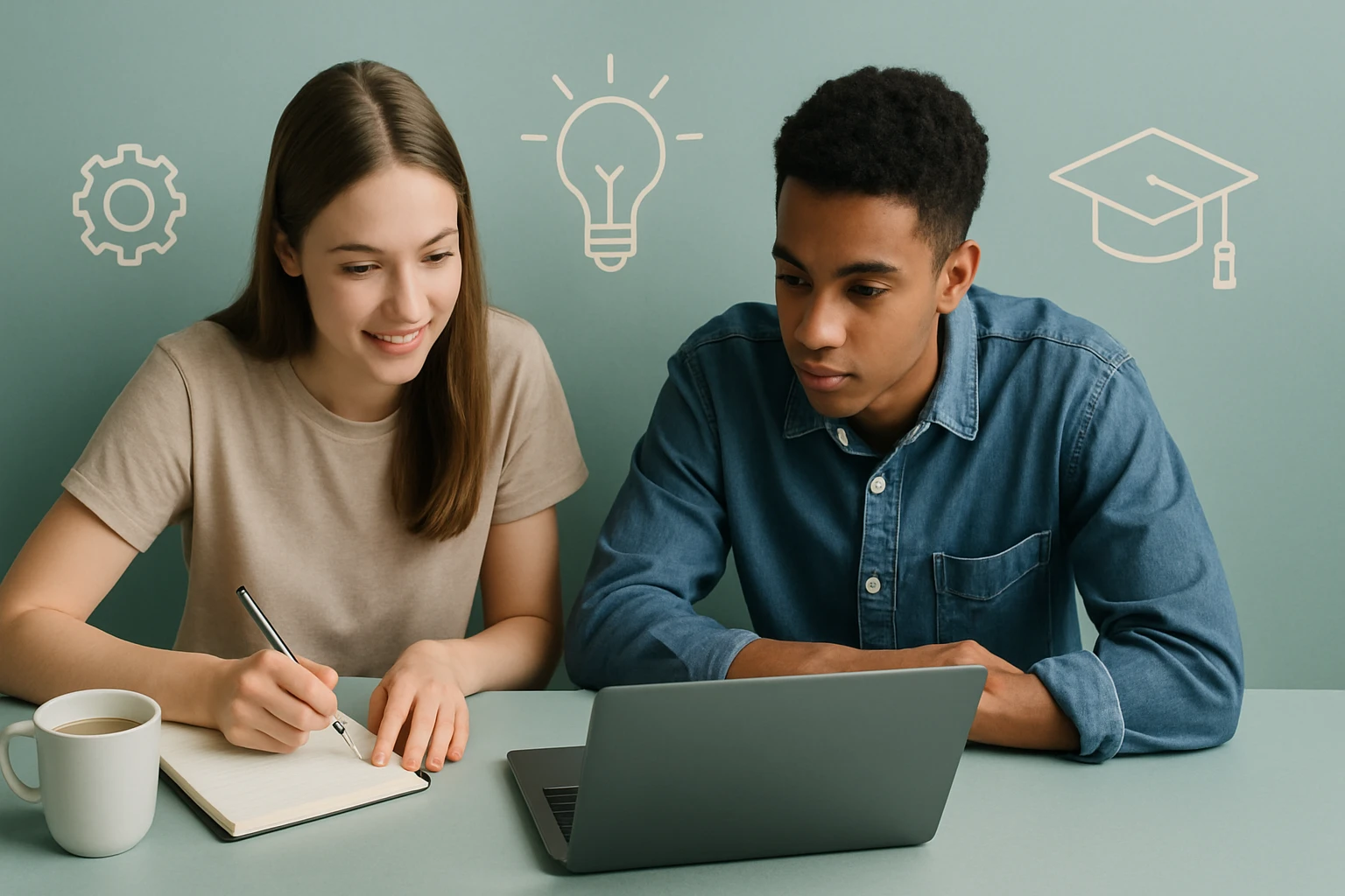 Dva študenti spolupracujú pri počítači, jeden píše do zápisníka.