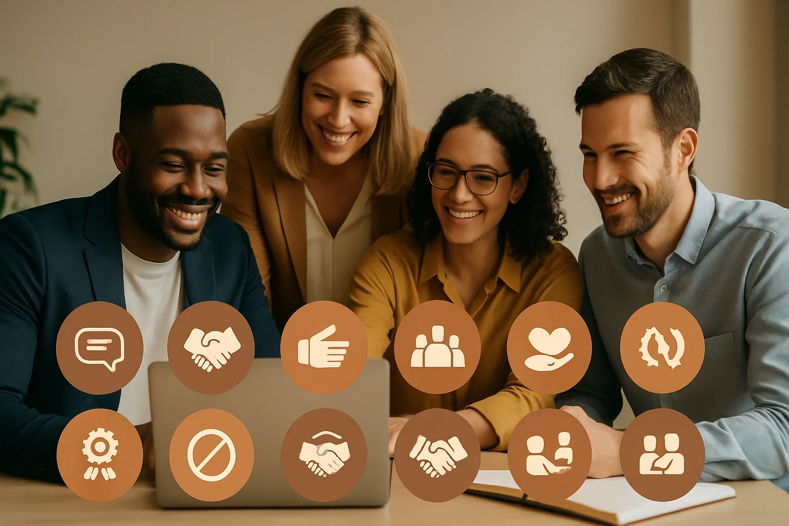 Skupina štyroch profesionálov sa usmieva a spolupracuje pri počítači.