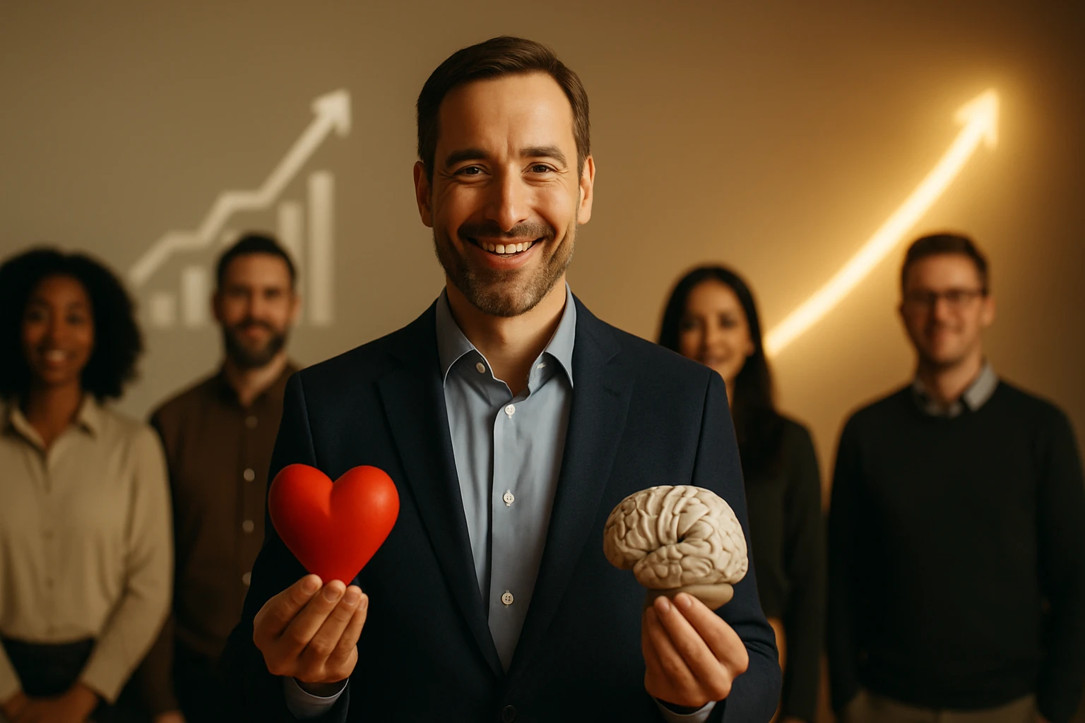 Muž v obleku drží červené srdce a šedý model mozgu, usmievajúci sa pred skupinou ľudí.