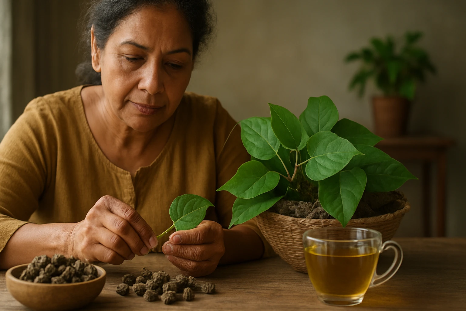 Žena staršia, ktorá starostlivo skúma listy rastliny pri stole.