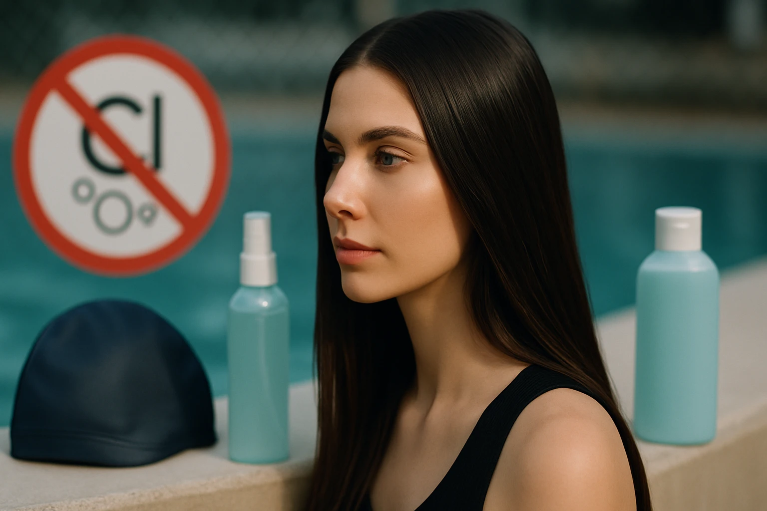 Mladá žena s dlhými vlasmi sedí pri bazéne, vedľa ňu sú produkty na starostlivosť o vlasy.
