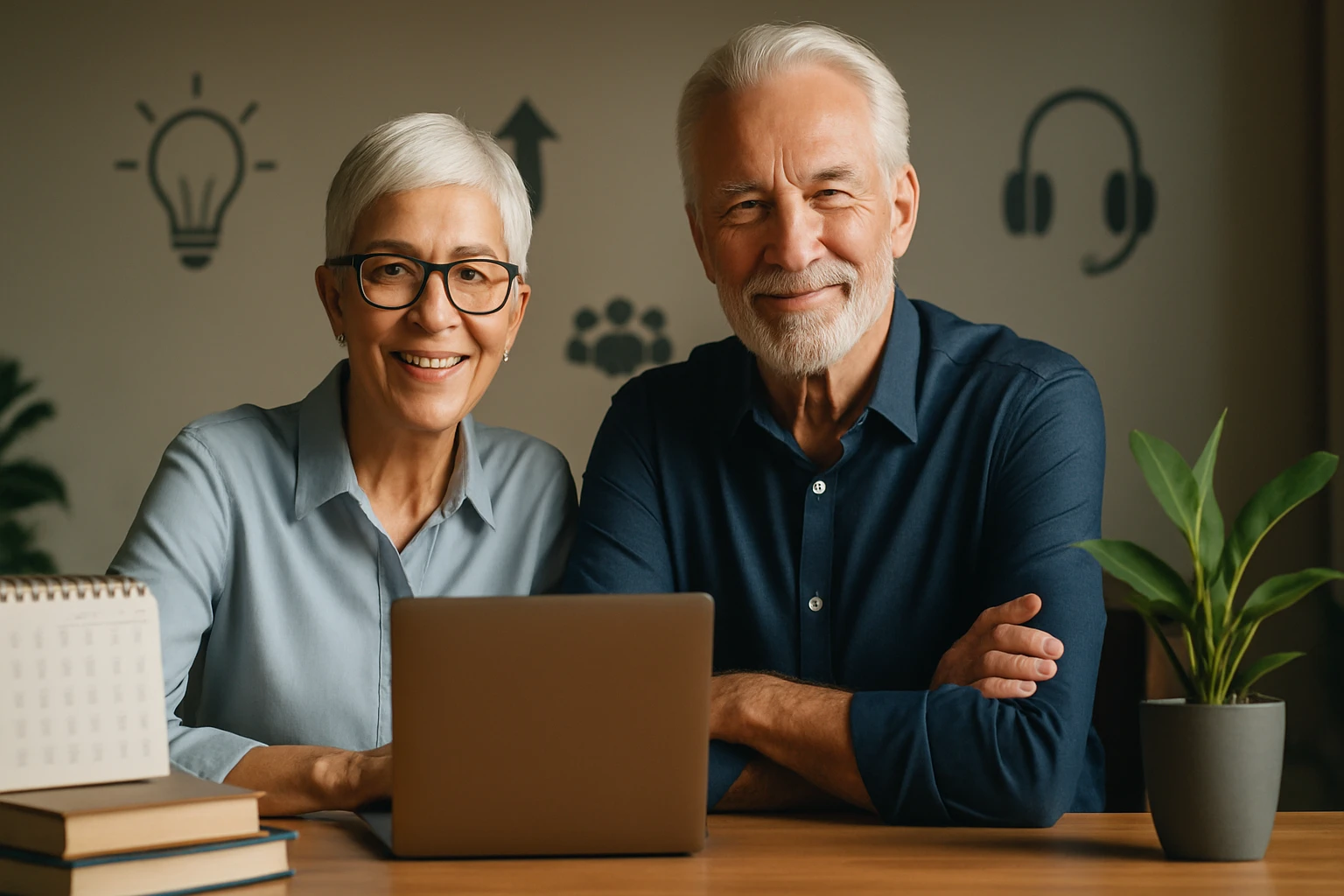 Starší pár mosoly a laptop előtt ülve, barátságos légkörben.