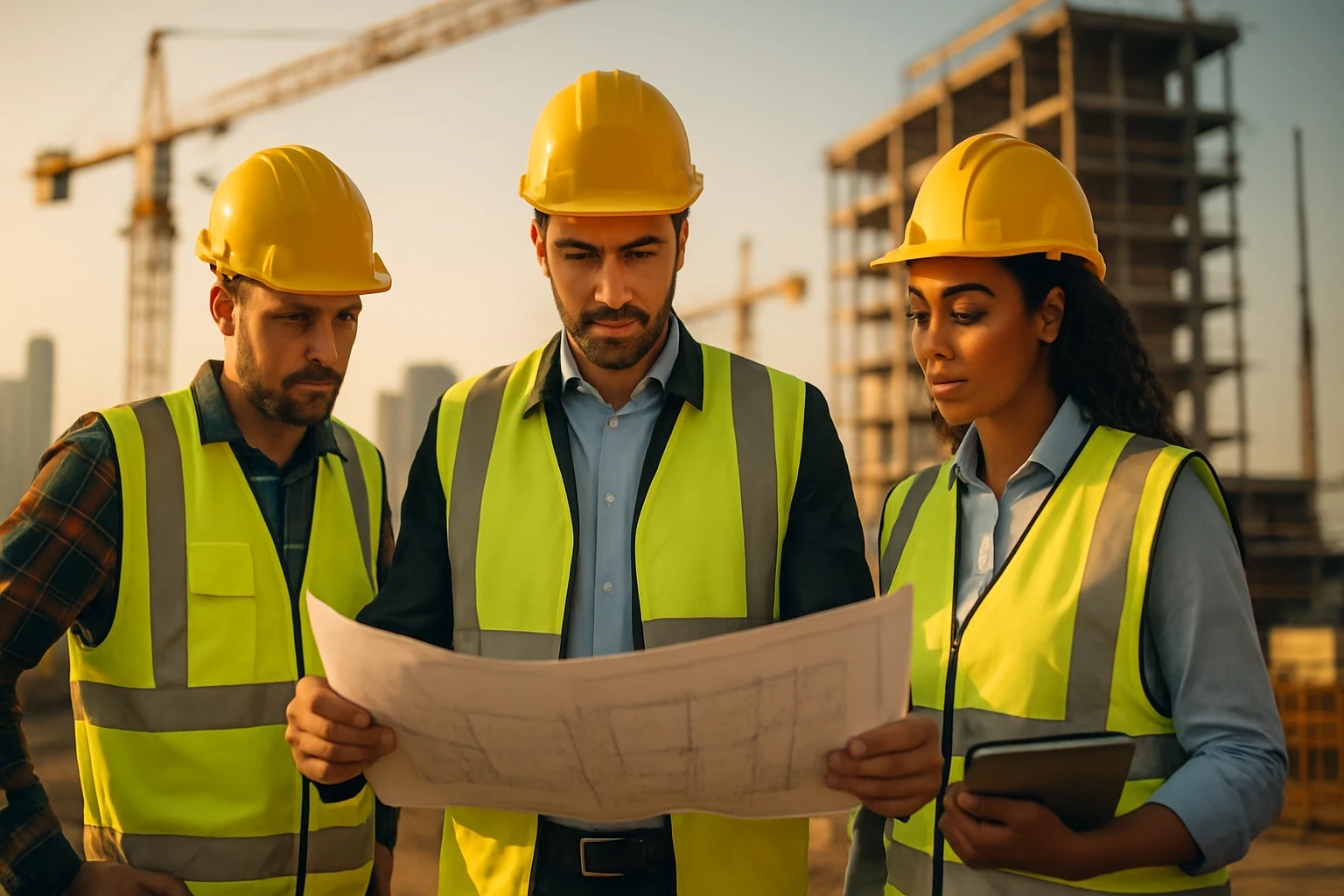 Skupina troch stavebných pracovníkov prezerá plány na stavenisku pri západe slnka.