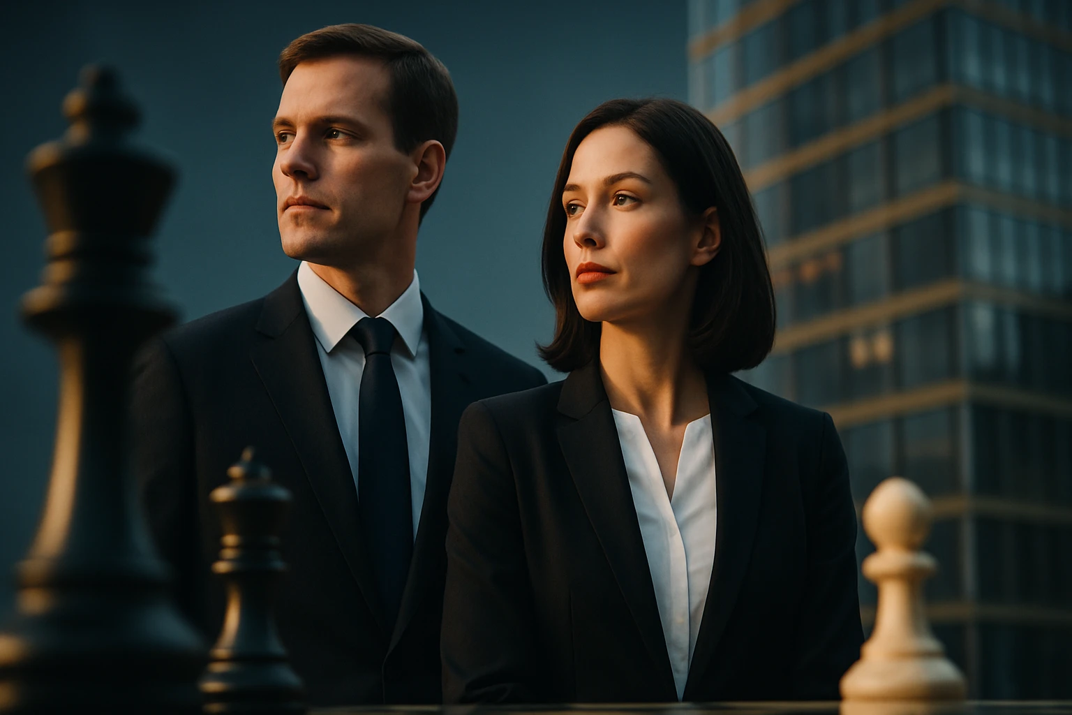 Dve osoby v oblekoch stoja pri šachovnici, zamyslené a sústredené.