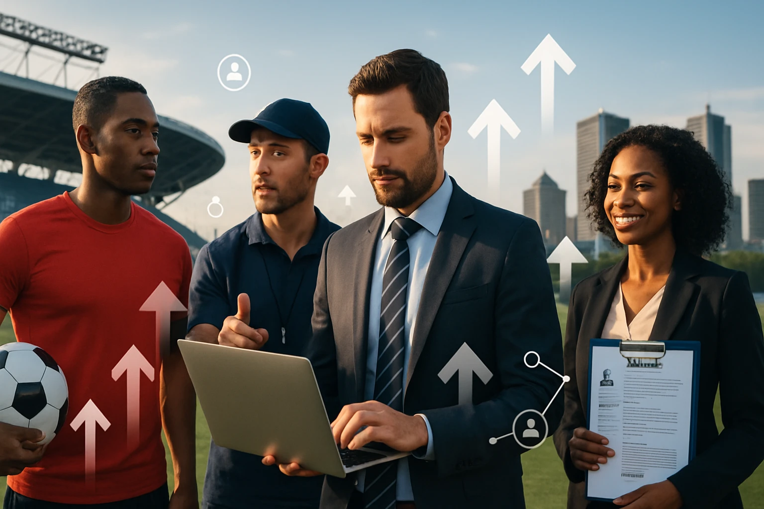 Skupina športovcov a profesionálov diskutuje o stratégiach na futbalovom ihrisku.