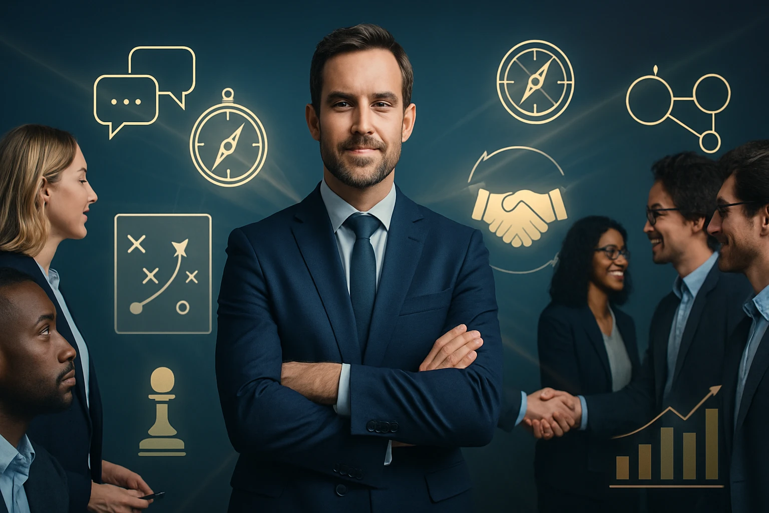 Muž v obleku s prekríženými rukami, okolo neho sú symboly spolupráce a stratégie.