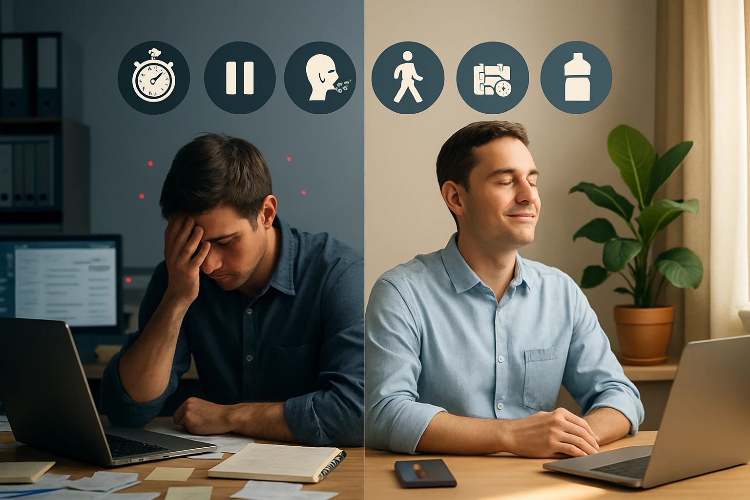 Mladý muž, ktorý sa cíti stresovaný a unavený pri počítači, vedľa neho uvoľnený muž.