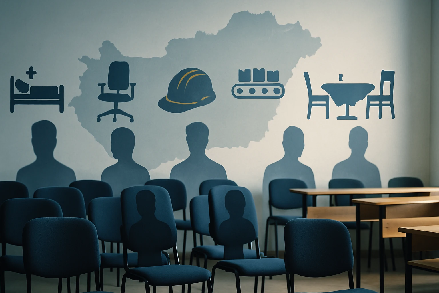 Interiér miestnosti s modrými stoličkami a nástennou maľbou symbolizujúcou rôzne profesie.