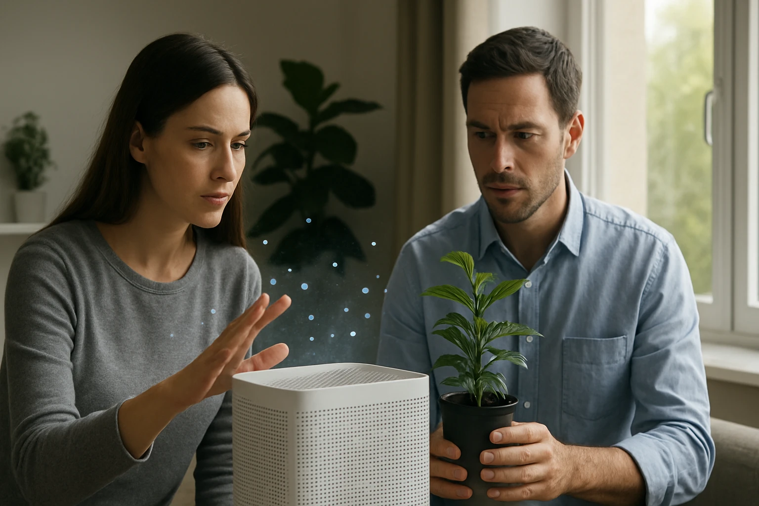 Žena a muž skúmajú interakciu medzi technológiou a rastlinou.