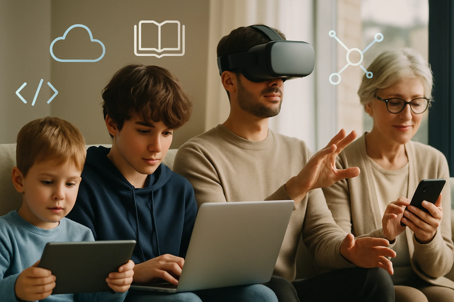 Rodina sedí na pohovke, každý s iným zariadením, vrátane VR headsetu.