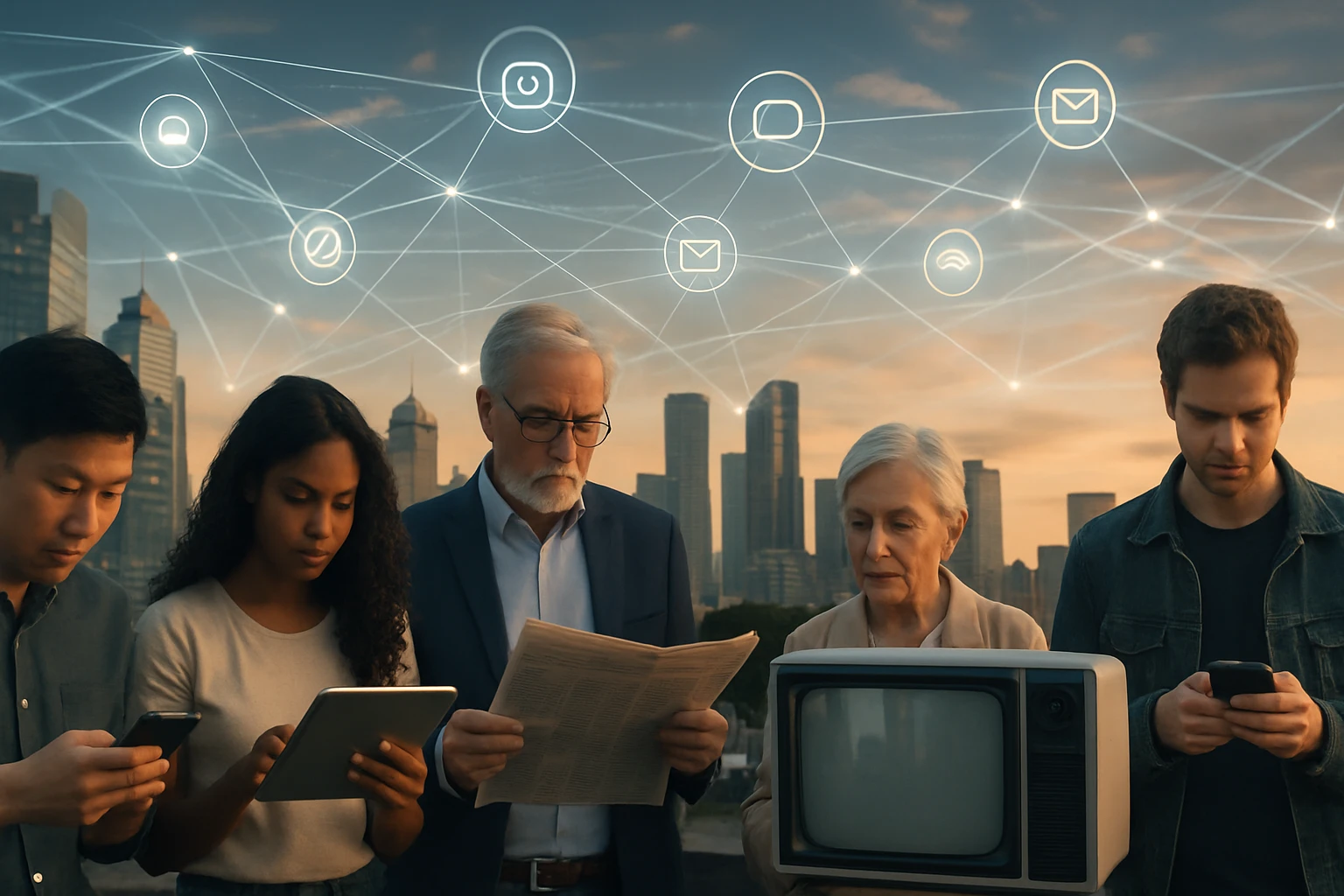 Skupina ľudí rôzneho veku sleduje technológie v mestskom prostredí.