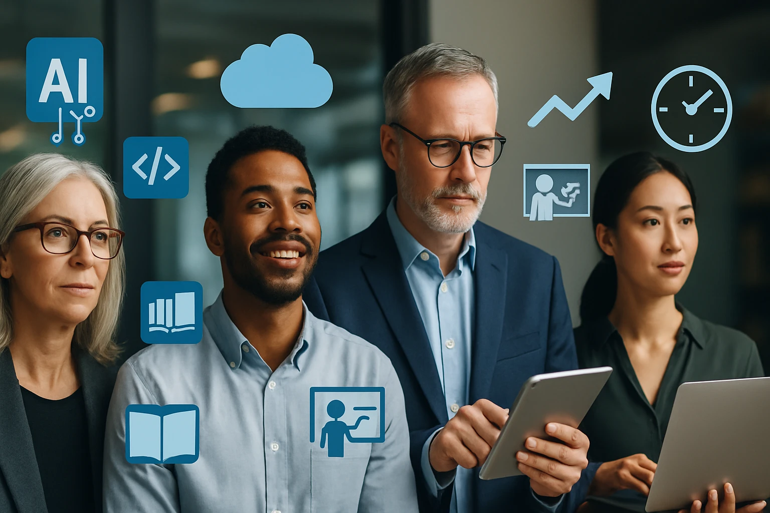 Skupina profesionálov diskutuje o technológiai trendoch a inováciách.