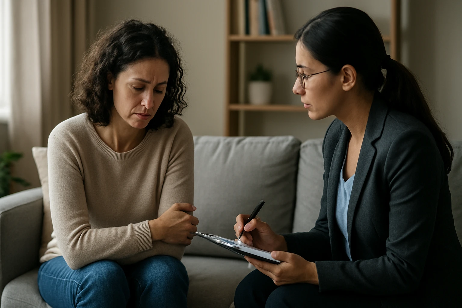 Žena s tmavými vlasmi sedí na pohovke, vyzerá znepokojene, zatiaľ čo terapeutka s poznámkovým blokom ju počúva.