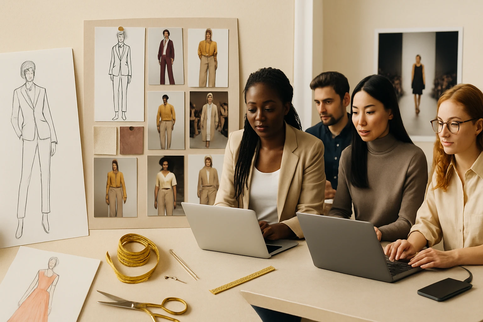 Skupina štyroch profesionálov pracuje na módnych návrhoch pri stole.