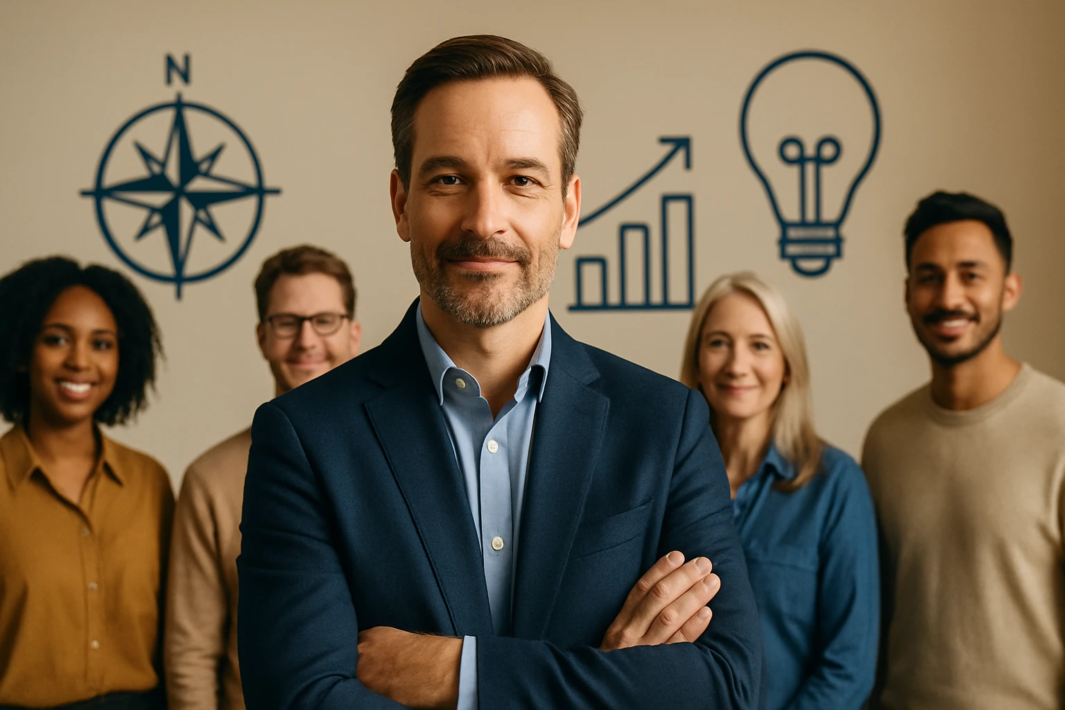 Skupina profesionálov s úsmevom, stojacich pred grafickými symbolmi rastu a inovácií.