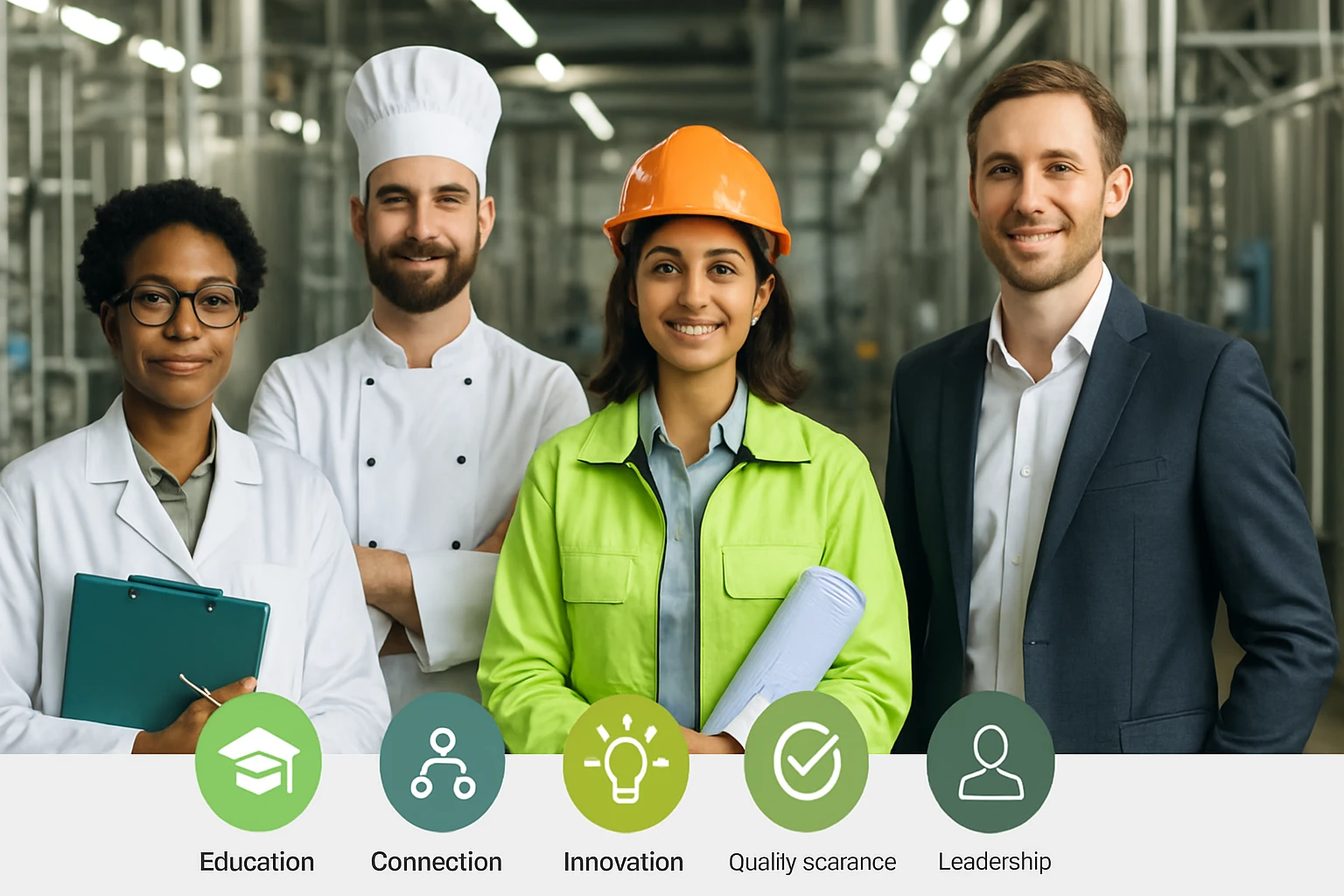 Skupina profesionálov v priemyselných oblekoch a bielych plášťoch v továrni.