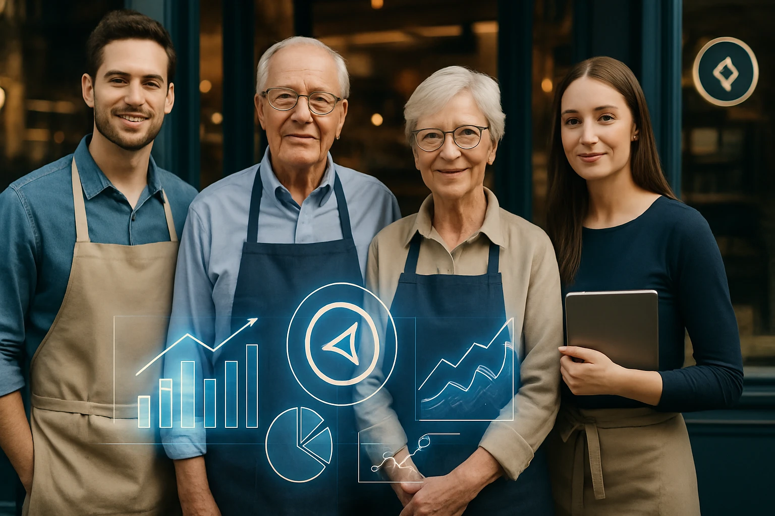 Štyria zamestnanci v zásteroch sa usmievajú pred obchodom s digitálnymi grafmi.