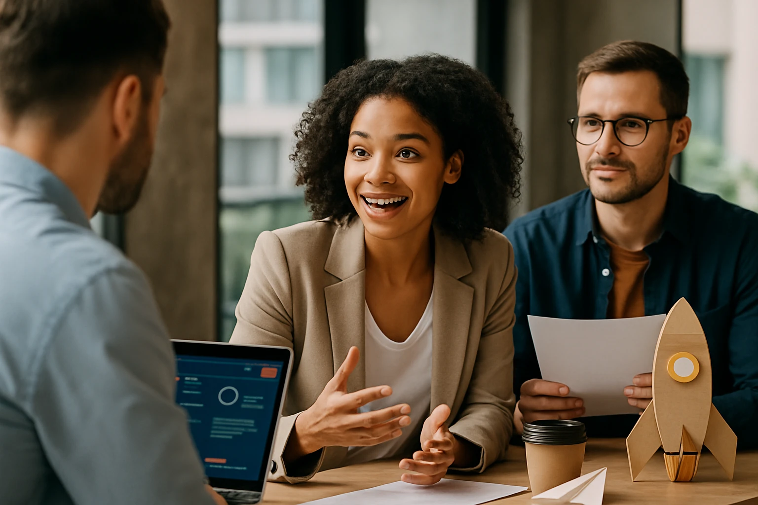 Žena s kučeravými vlasmi nadšene diskutuje s kolegami pri stole.