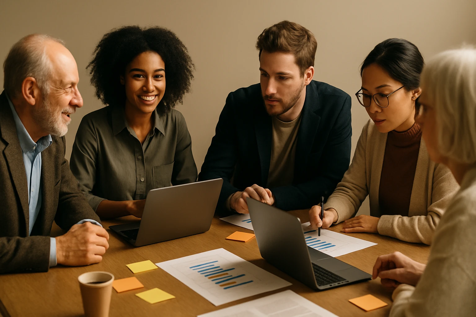 Skupina šiestich profesionálov diskutuje nad grafmi a laptopmi na pracovnej porade.