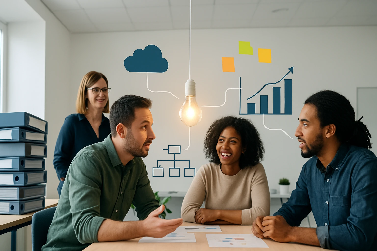 Skupina štyroch profesionálov diskutuje o projektoch v kancelárii.